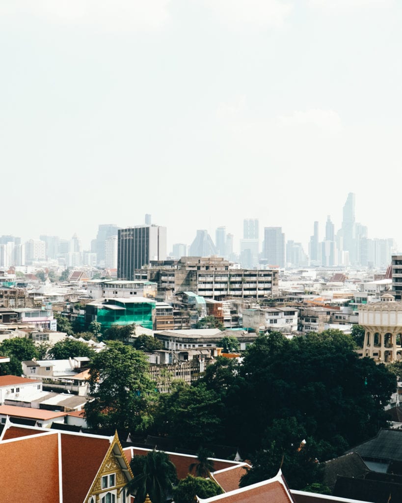 Skyline view of Bangkok Thailand from Wat Saket Golden Mount Temple