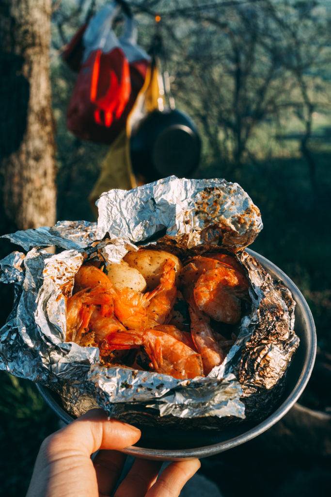Shrimp foil dinner while backpacking/camping