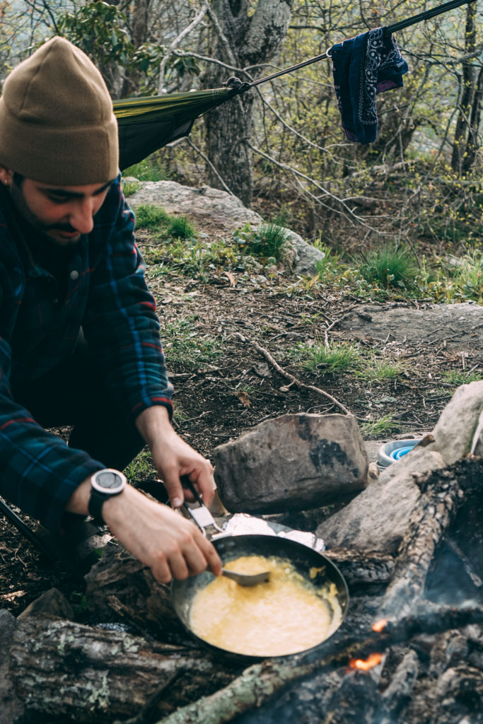Campfire eggs while camping and backing