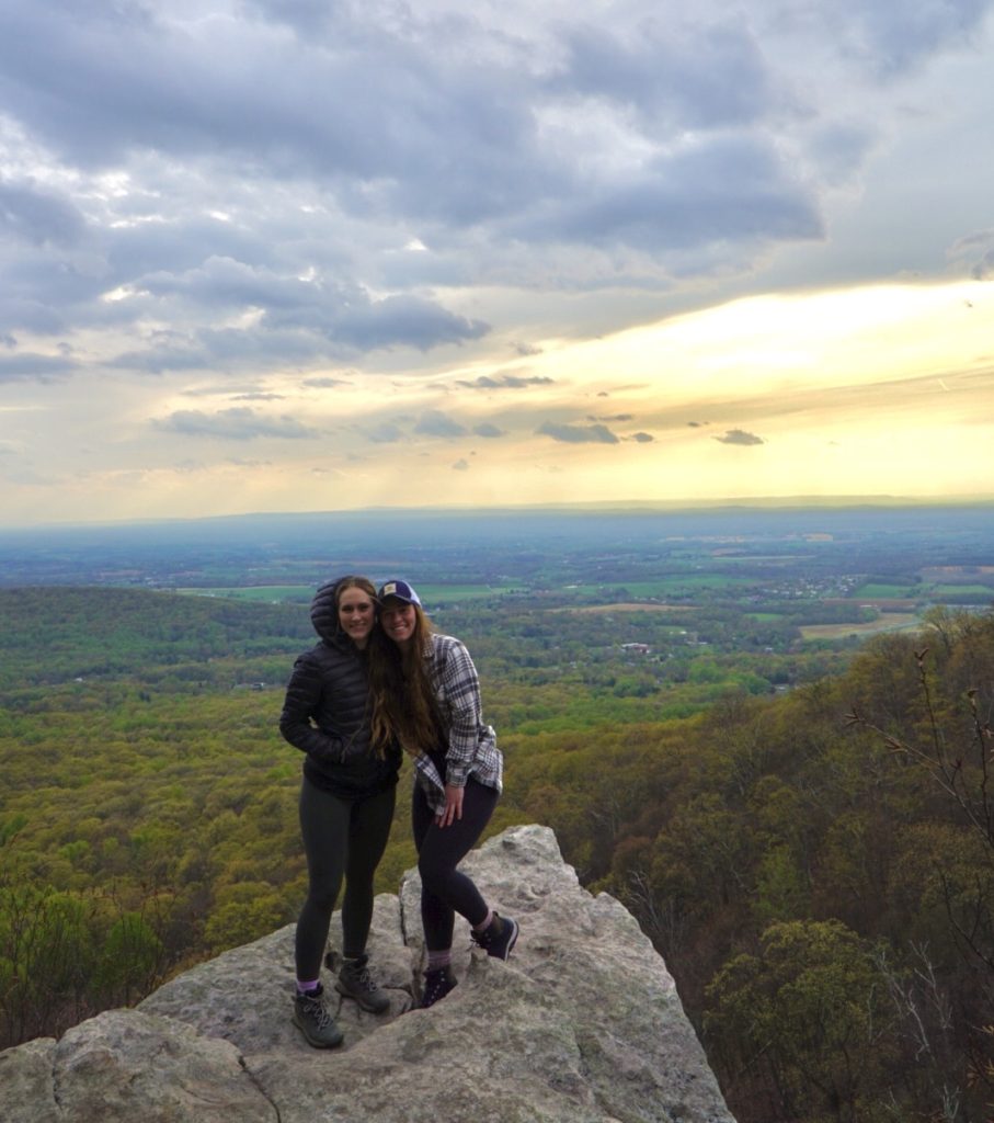 Friends hiking and sunset