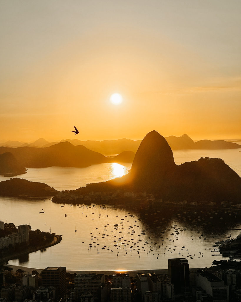 Sunrise over Sugarloaf mountain in Rio de Janiero Brazil from the Mirante Dona Marta viewpoint