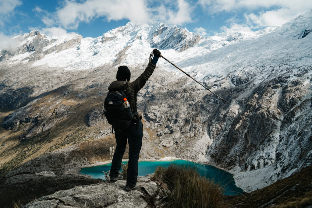 Girl celebrates trekking the Santa Cruz trail and crossing Punto Union Pass