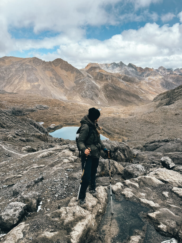 woman on Huayhuash trek wearing warm clothing