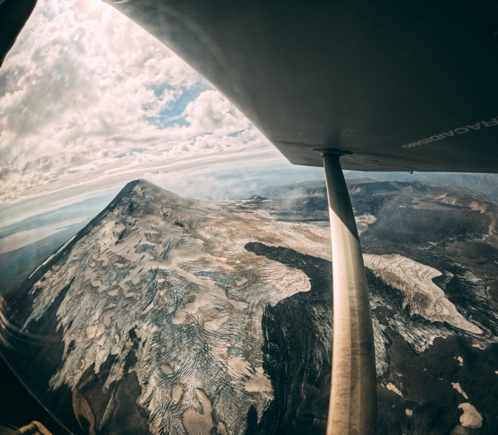 View from skydiving plane over Volcano Villarrica in Pucon