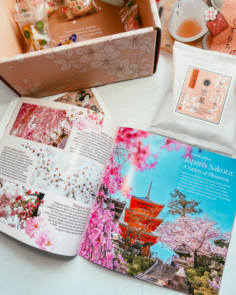 Open page of snack guide to Japanese snack box with treats